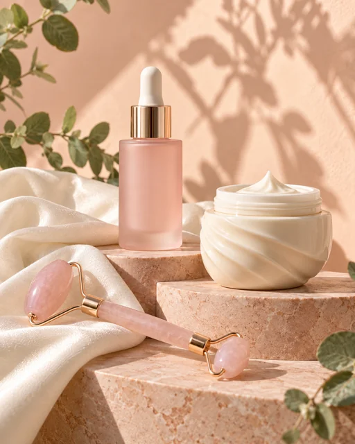 Blush serum bottle, ivory cream jar and rose quartz facial roller on peach stone