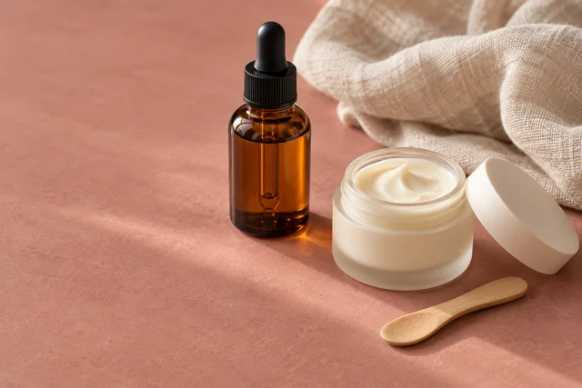 Amber dropper bottle, cream jar and linen on a clay rose surface