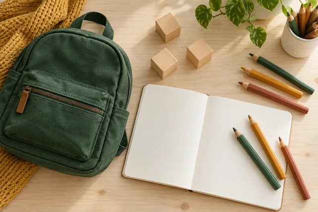 Green school backpack, pencils, blank notebook and wooden blocks