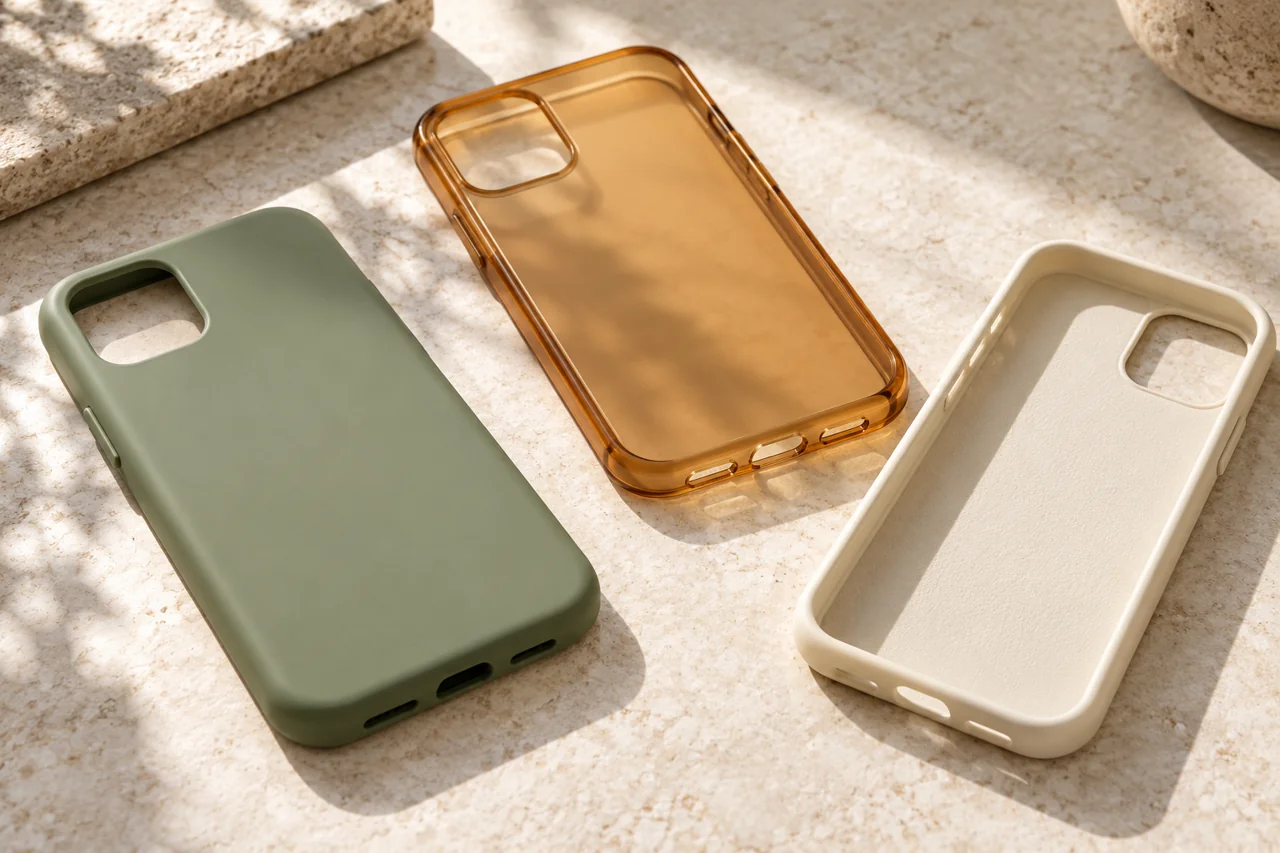 Sage, amber and ivory phone cases showing their cut-outs and materials