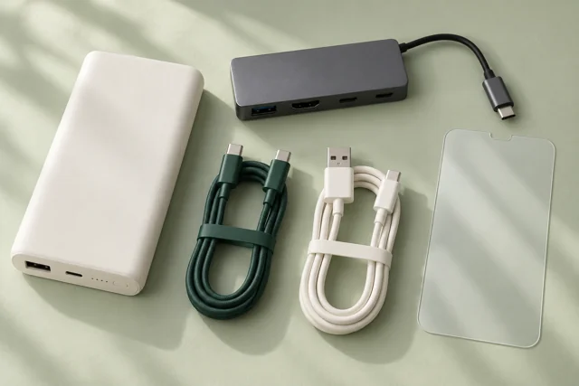 A power bank, multiport adapter, charging cables and screen protector