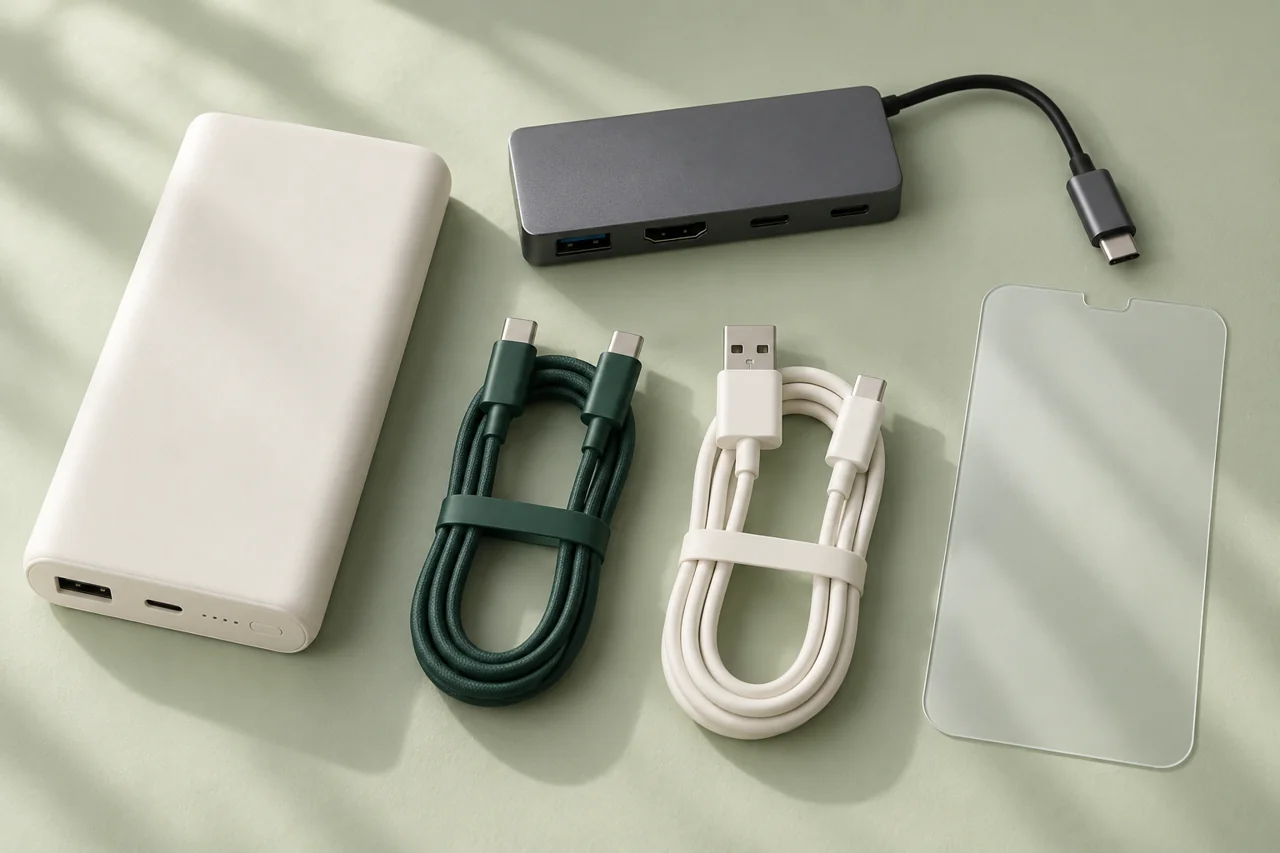 A power bank, multiport adapter, charging cables and screen protector