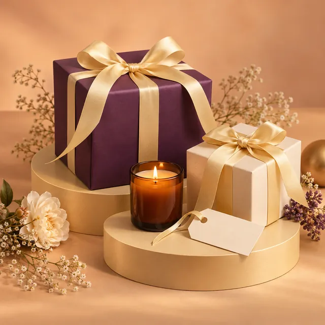 Wrapped gift boxes and a candle