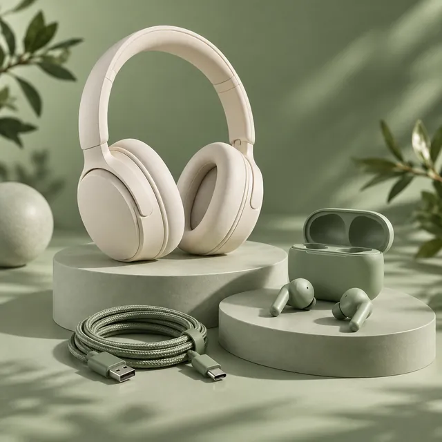 Headphones, earbuds and a charging cable in a green setting